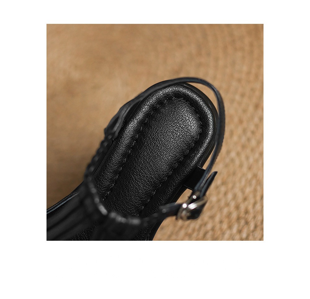 Sandal nữ da cừu mũi cá hở gót, đế dày gót thô 9 cm, quai ngang một dây — đen chi tiết 18