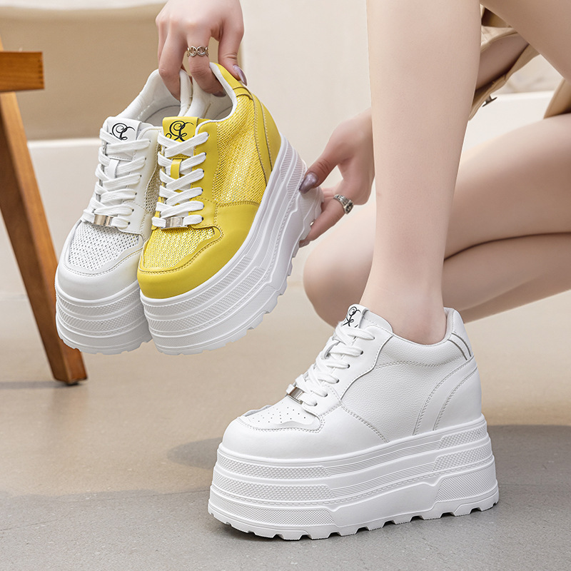 Casual Women's Shoes 2026 Spring and Autumn New Style Ultra-High Heel Thick Sole with Internal Height Increase 12cm White Shoes Breathable and Versatile
