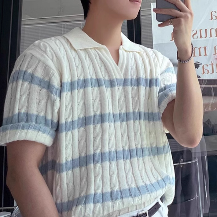 2025 Summer White Lapel Polo Shirt Striped Sweater Men's Short Sleeve Top T-Shirt Loose American Korean Style