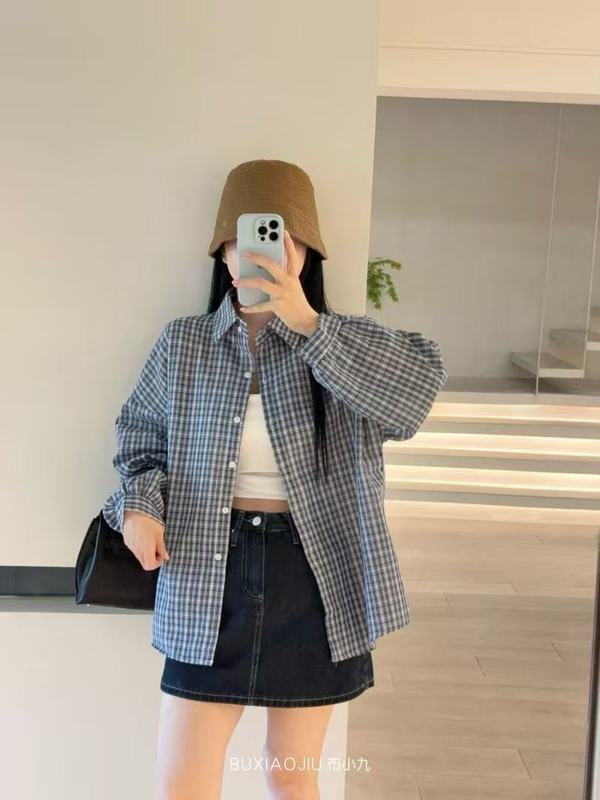 布小九秋季韩系格子衬衫2025新款宽松显瘦长袖衬衫叠穿衬衣外套女|undefined