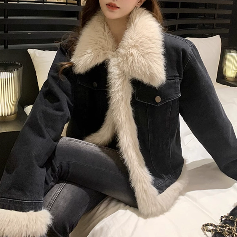 Short denim jacket, velvet‑lined demi‑season down, plush fur trim, short fit, S–XL