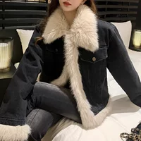 Short denim jacket, velvet‑lined demi‑season down, plush fur trim, short fit, S–XL