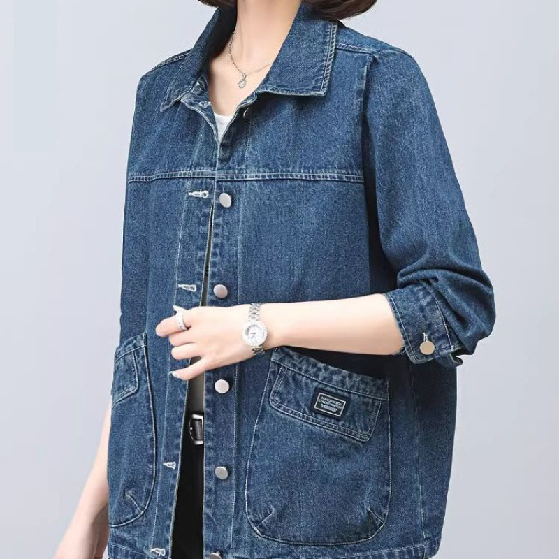 牛仔外套女春秋休闲大码中年妈妈短款春秋牛仔棉衣外套深蓝色常规|undefined