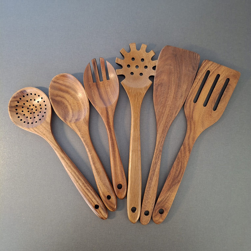 Juego de cocina de teca, cuchara de pala de madera maciza, tenedor, sartén antiadherente, utensilios de cocina de madera de acacia, espátula de mango largo, juego de cocina de 9 piezas