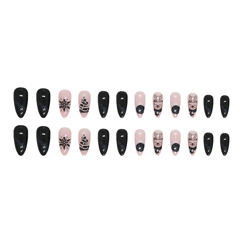 Bleu noir ciel scintillant rose amande armure flocon de neige wapiti nuit de Noël faux ongles_voghion.com