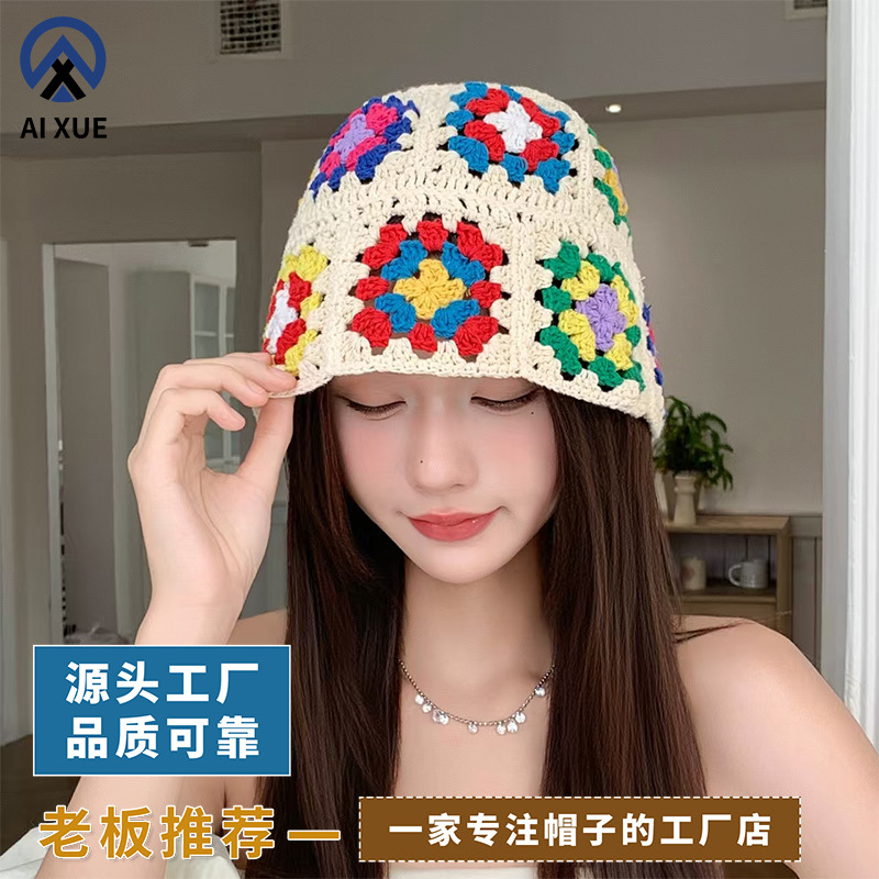 小清新手勾镂空花朵针织渔夫帽子女秋冬季甜美百搭显脸小毛线帽潮