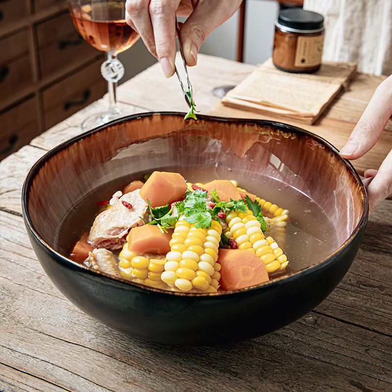 Cuenco de sopa irregular característico de Yunmeng, tazón grande de pescado de col en escabeche de cerámica de 9,5 pulgadas, olla de sopa de hotel, exportación transfronteriza grande