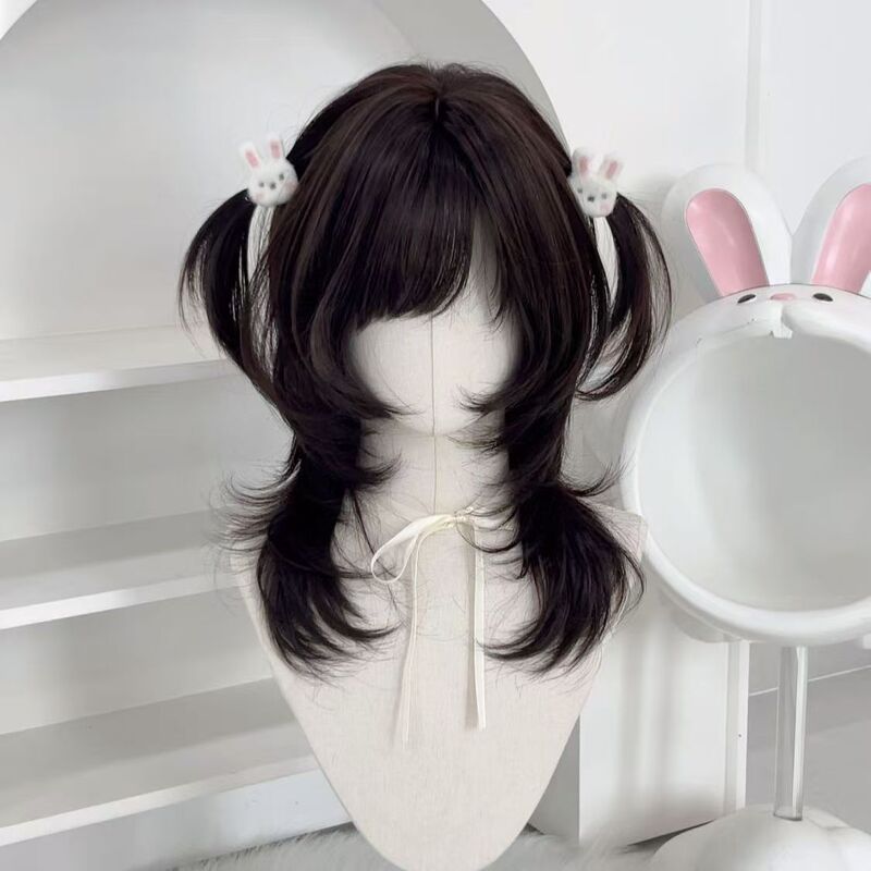 High-Quality Women's Wig with Mullet Head and Wolf Tail, Daily Lolita Style with Double Ponytails, Jellyfish Head, Collarbone-Length Full Wig