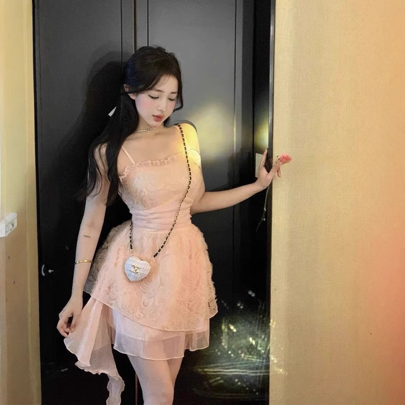 French Style Strapless Sling dress Women's Summer Heavy Industry Rose Flower Skirt Small Princess Puff Birthday Skirt