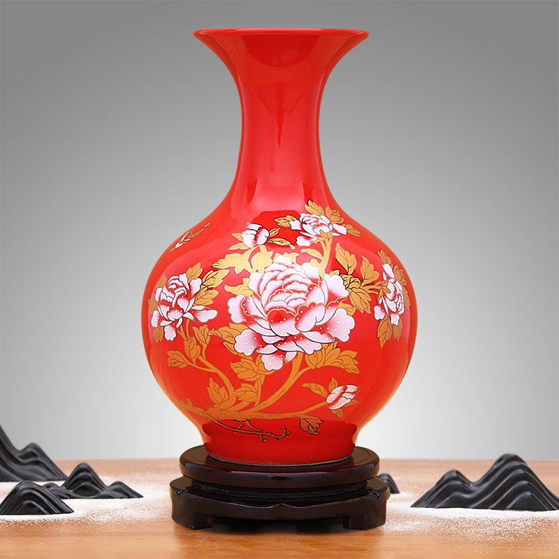 景德镇陶瓷器红色小花瓶摆件客厅插花器小瓷瓶结婚装饰品家居摆设