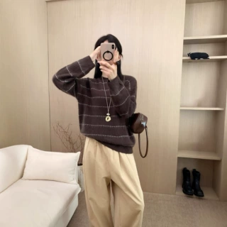 山羊绒圆领撞色条纹羊毛衫女宽松落肩袖慵懒风松弛感针织奢品毛衣