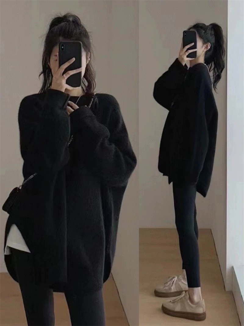 Демисезонный вязаный oversized свитер, корейский стиль, One size, свободный крой