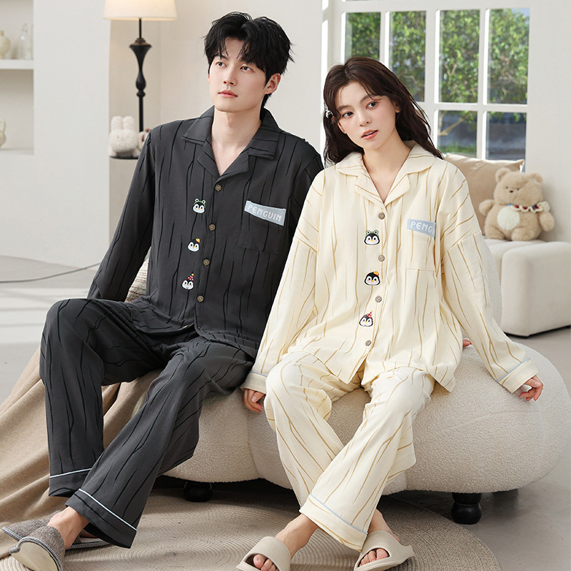 Couple's pajamas, women's spring and autumn Korean-style long-sleeved set, high-end and comfortable, men's loose and simple loungewear Couple's pajamas, women's spring and autumn Korean-style long-sleeved set, high-end and comfortable, men's loose and simple loungewear