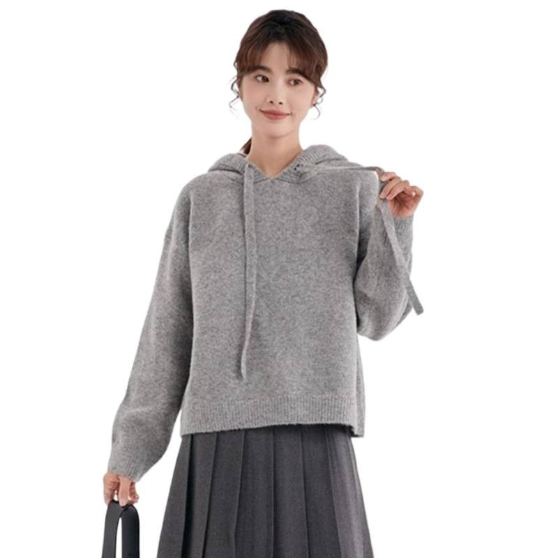 灰色连帽套头毛衣针织衫女秋季小个子宽松慵懒风针织卫衣外套秋冬|undefined