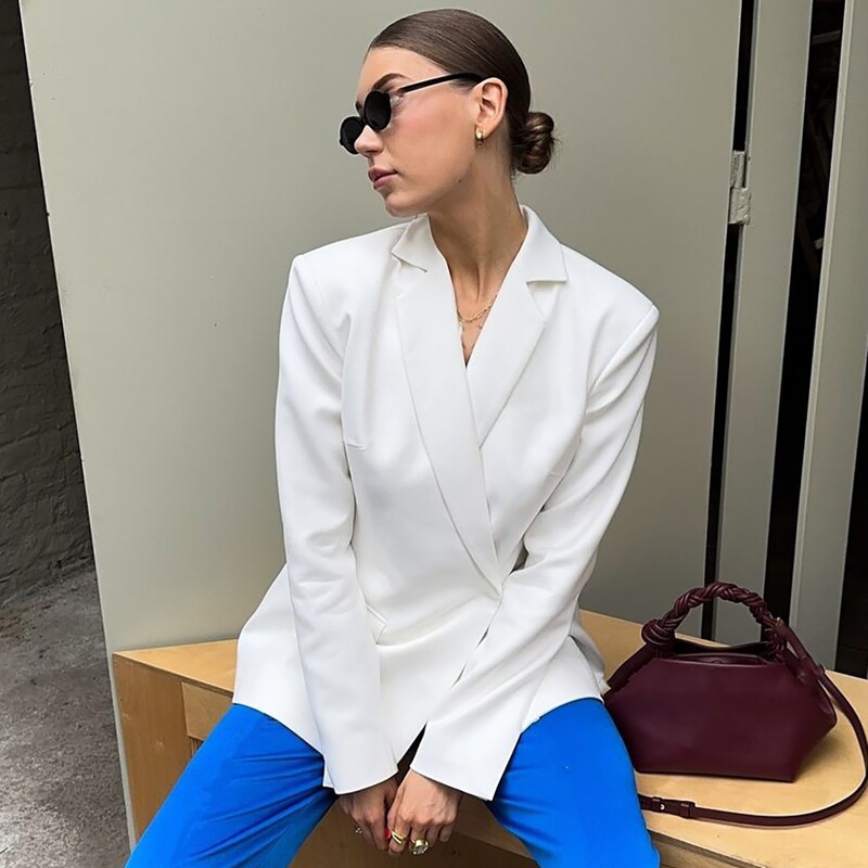 2024 autumn new simple commuter solid color lapel hollow large backless design waist long sleeve suit jacket