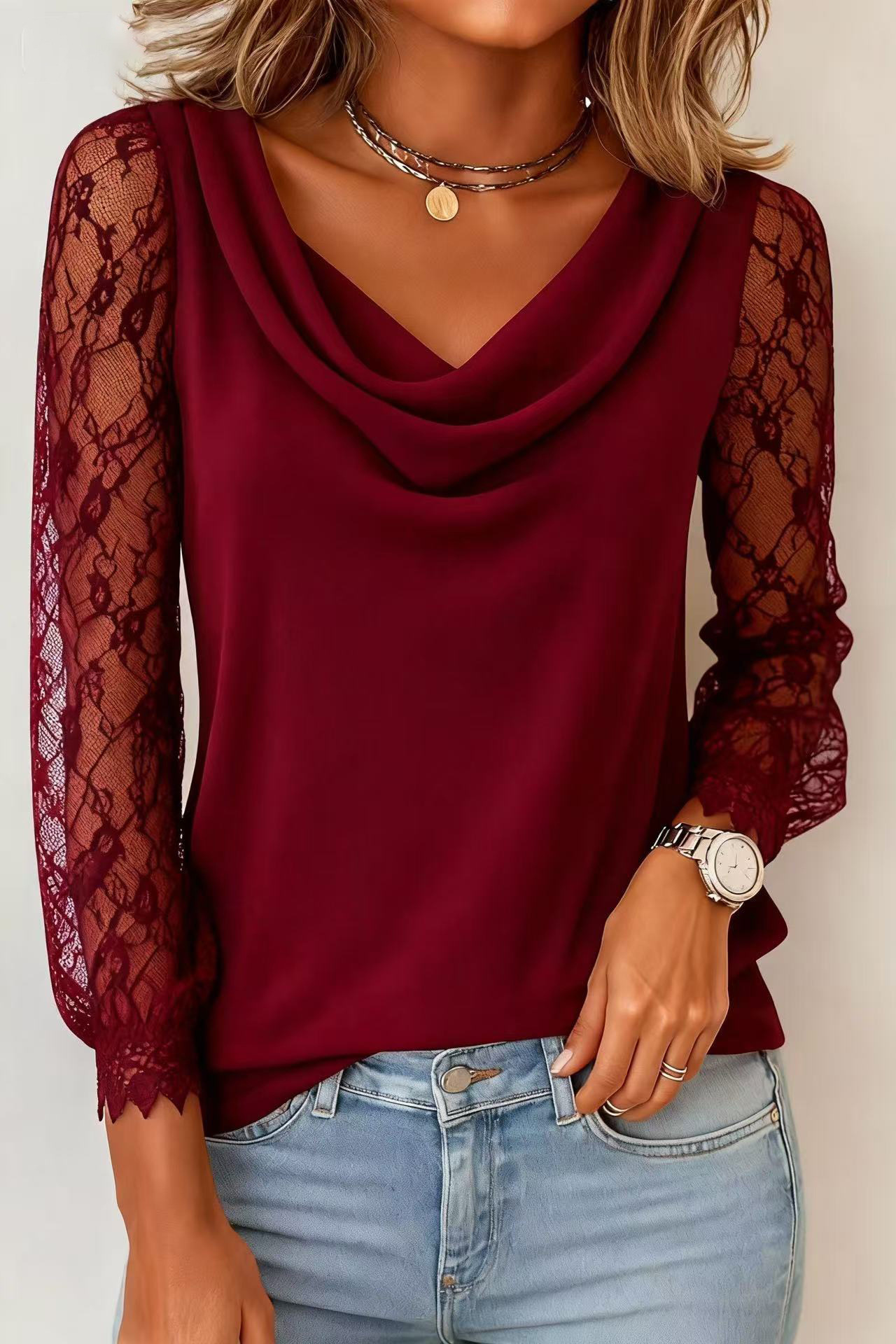 Elegante Damenbluse Mit Drapiertem Ausschnitt Und Spitze_voghion.com