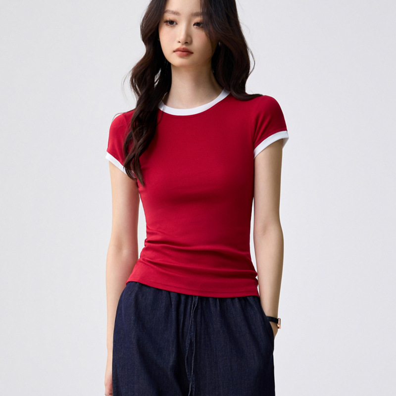 40-Count Combed Pure Cotton Color-Blocked Short-Sleeve T-Shirt for Women, Summer New Slim-Fit Regular Shoulder Round-Neck Base Shirt Top 40-Count Combed Pure Cotton Color-Blocked Short-Sleeve T-Shirt for Women, Summer New Slim-Fit Regular Shoulder Round-Neck Base Shirt Top