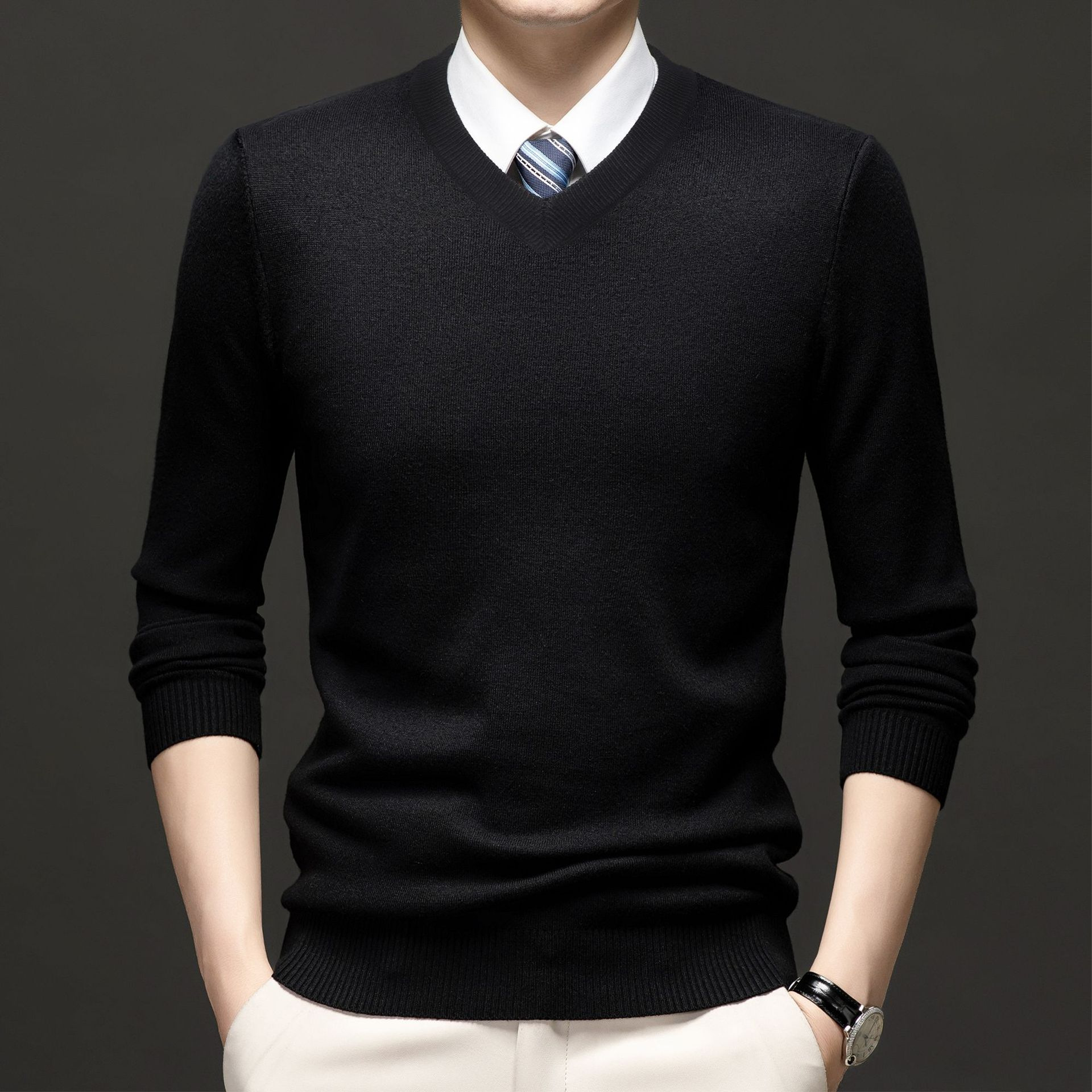 Cross-Border Men's Autumn and Winter New V Neck Knitwear Long-Sleeved Knitwear Middle-Aged and Elderly Casual Versatile Loose Thin Bottoming