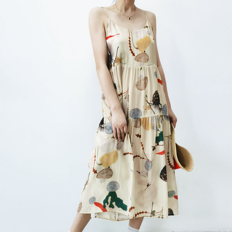 Special Offer Casual Loose-Fitting Printed Silk Slip Dress with Adjustable High-Waist Straps, Mid-Length Mulberry Silk Dress