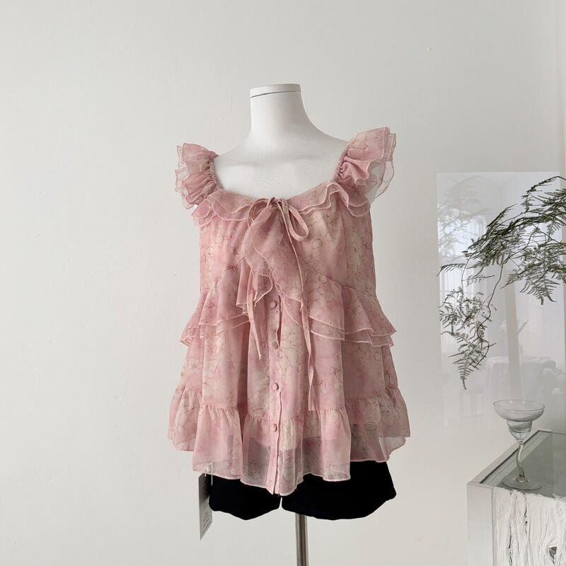 Real Shot of Summer Sweet-Talk Style Heavy-Duty Polka Dot Floral Lace-Up Ruffled Square-Neck Blouse for Women with French Elegance
