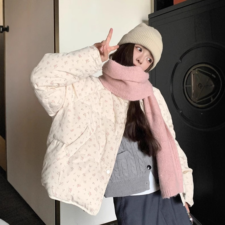 超好看小碎花女冬季新款棉服韩系甜美小个子短款羽绒棉服立领外套