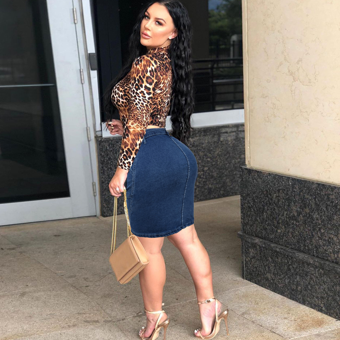 DZT5842 # Primavera/Verano en stock Amazon WISH AliExpress mujeres europeas y americanas botón frontal Denim Falda corta image 6