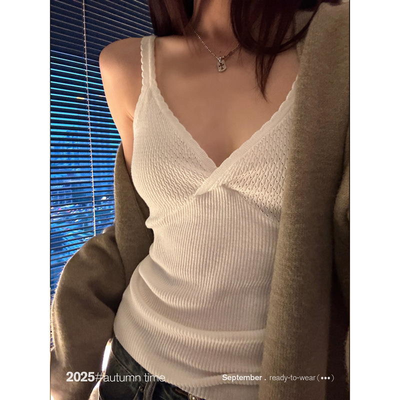 Sun V Neck Lace Sexy Inner Knitted Camisole Women's Autum Sexy Slimming Look Top
