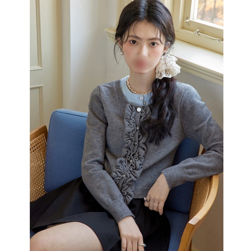 2025秋冬新款假两件边木耳花边小蝴蝶拼接针织开衫女显瘦韩版短款|undefined