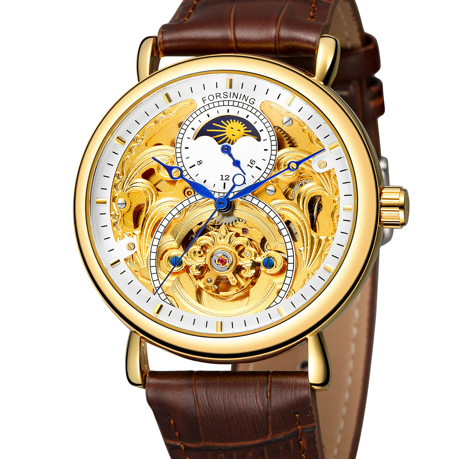 Forsining hombres de moda hueco-hacia fuera transparente reloj mecánico automático reloj de los hombres reloj de la correa ocasional