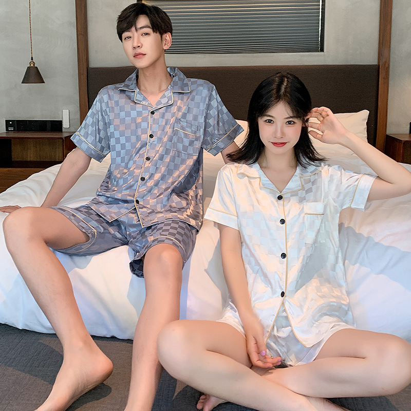 Pijamas de verano hombres de seda artificial jacquard Plaid pareja de Mujeres de manga corta de solapa cardigan casual cómodo traje de uso doméstico
