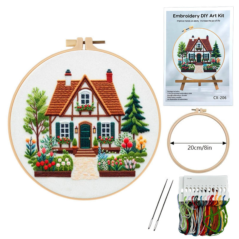 跨境新品Scenery embroidery KIT花园小屋刺绣材料包英文针法|undefined