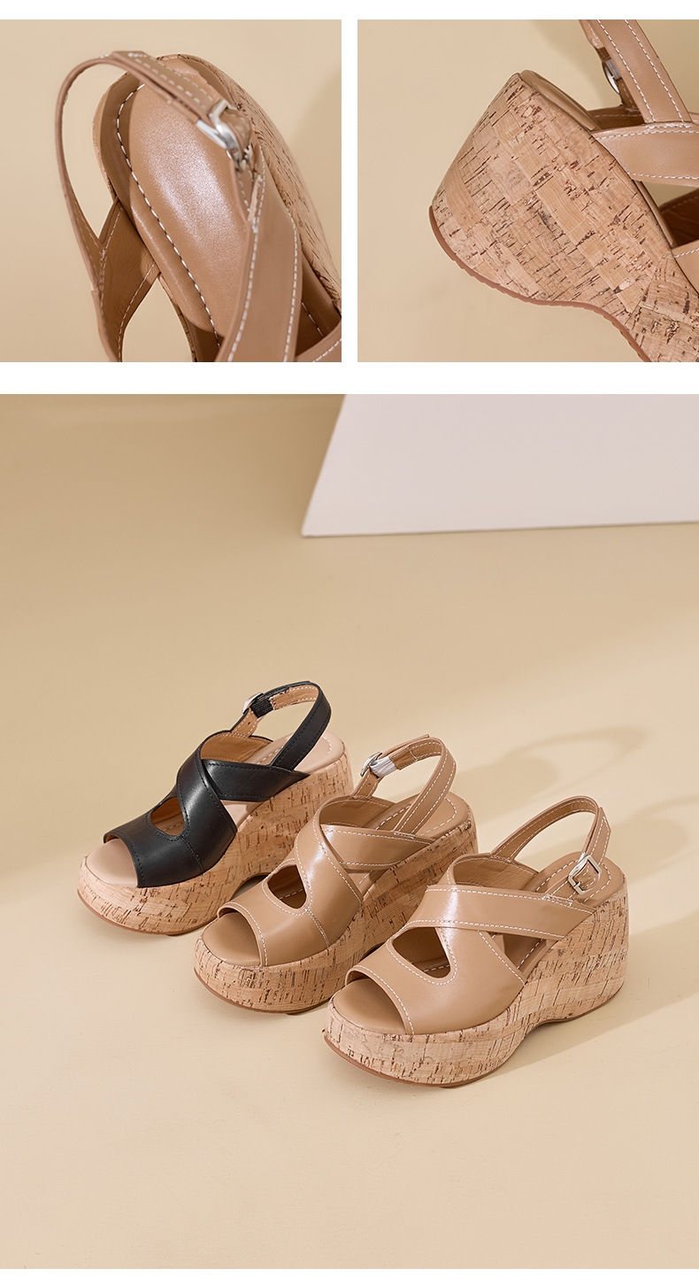 Sandal cao gót nữ hở mũi đế xuồng platform da bò thật quai chéo kiểu La Mã — màu đen, màu nâu nhạt chi tiết 11