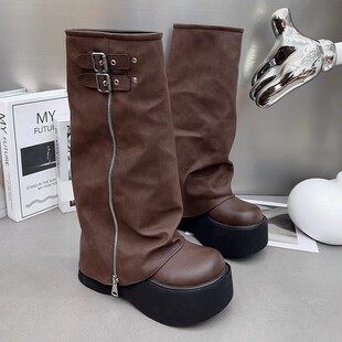 British Style Boots for Women 2024 New Autumn and Winter Velvet Thick-Soled Short Boots for Small People Trouser Boots Brown Pile Boots