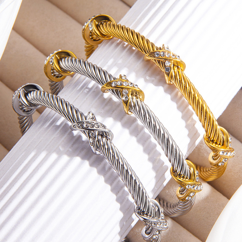 European and American Cross-Border New Style 8-Shaped Diamond Cross X Titanium Steel Cable Rope Bracelet Fashionable Versatile C-Shaped Open Bracelet for Women European and American Cross-Border New Style 8-Shaped Diamond Cross X Titanium Steel Cable Rope Bracelet Fashionable Versatile C-Shaped Open Bracelet for Women