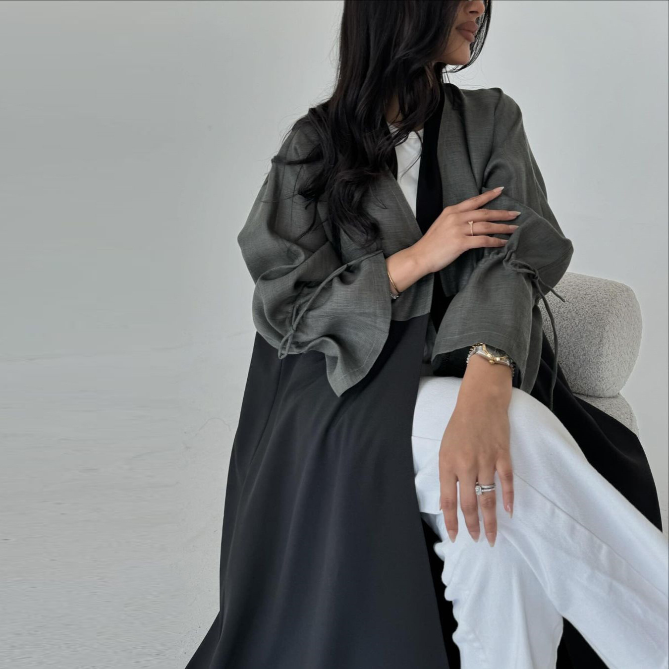 MQ151modest Middle Eastern Muslim Patchwork Fashion Cuff Drawstring Abaya Dubai Turkey Robe_ecoleips.com