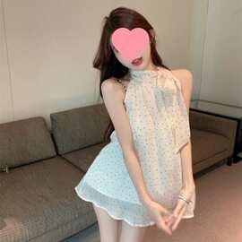 蝴蝶结系带挂脖雪纺衫女2025夏季新款宽松无袖露肩波点辣妹上衣潮