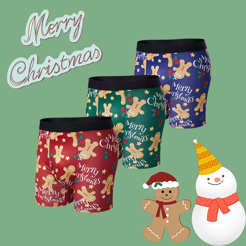 Underwear Men's Christmas Print Gingerbread Man European and American Atmosphere New Mid-waist Comfortable Breathable Long Leg Boxers Cross-border