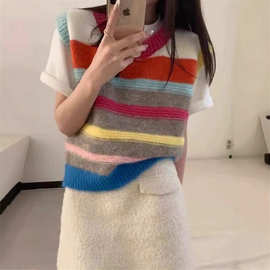 秋冬新款甜美多巴胺条纹圆领针织马甲女宽松显瘦减龄叠穿毛衣背心