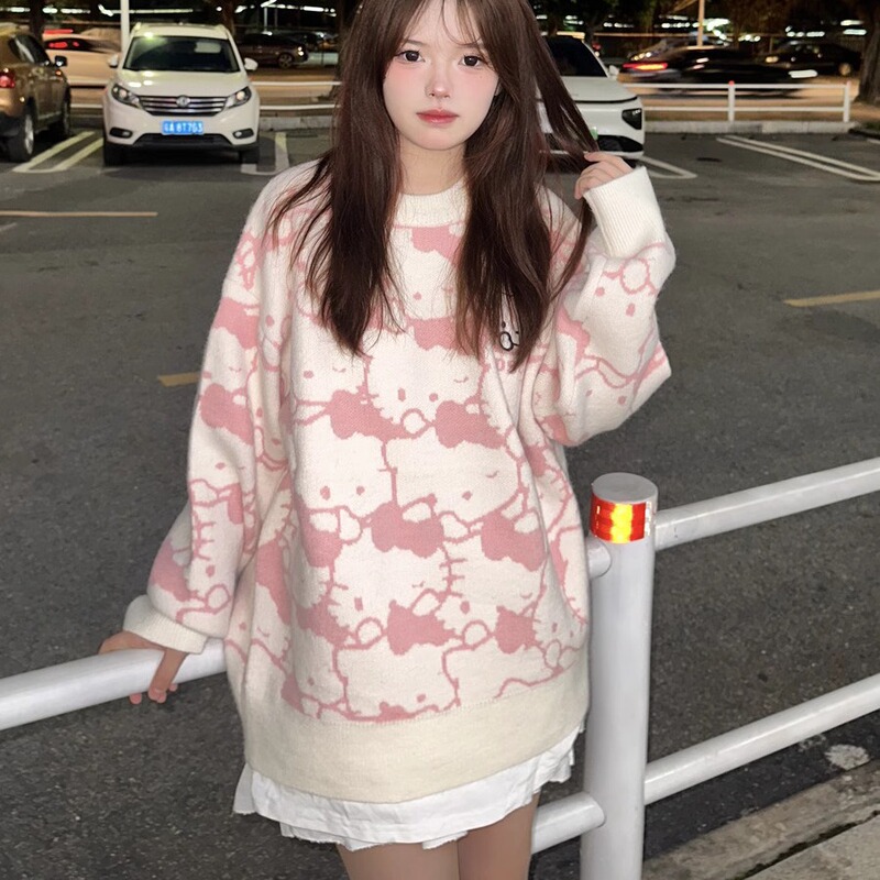Hello Kitty Embroidered Sweater for Women, Sweet and Cute Cartoon All-Over Printed Loose Round Neck Top Jacket, Lazy Style Hello Kitty Embroidered Sweater for Women, Sweet and Cute Cartoon All-Over Printed Loose Round Neck Top Jacket, Lazy Style