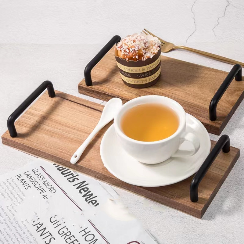Acacia de madera cinta de madera mango de metal Acacia madera sólida bandeja de madera pastel bandeja de fruta bandeja de té de la tarde