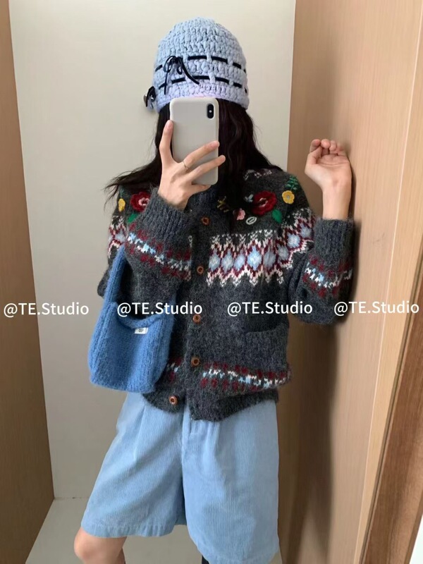 费尔岛圆领手工绣花毛衣外套女2025韩版新款减龄温柔甜美针织开衫|undefined