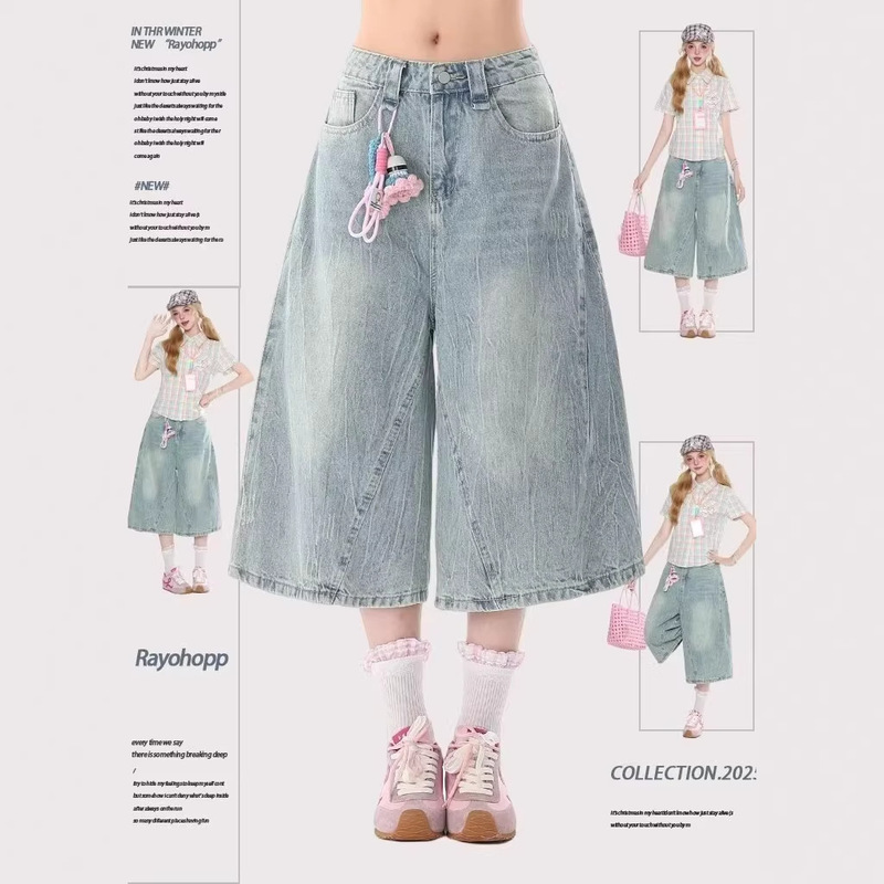 Denim Wide-Leg Cropped Shorts for Women 2026 Spring and Summer New Style Loose Fit Slimming Look Very Nice Straight Mid-Length Pants Denim Wide-Leg Cropped Shorts for Women 2026 Spring and Summer New Style Loose Fit Slimming Look Very Nice Straight Mid-Length Pants
