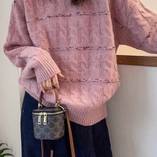 Korean Style Long-Sleeved Soft and Waxy Loose Sweater for Women in Autumn and Winter New Style Pullover Contrasting Color Chic Twist Round Neck Knitted Bottoming Shirt