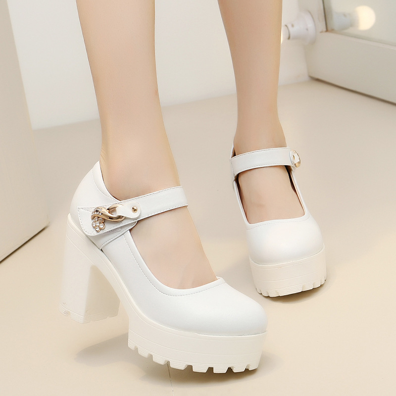 Clearance Thick-soled Comfortable Model Shoes Thick Heel Platform Buckle High Heels Women's Show Shoes White Leather Shoes