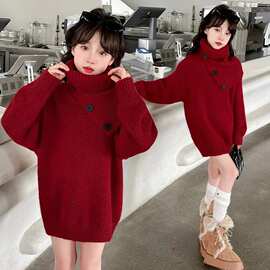 女童秋冬红色喜庆毛衣休闲时尚拜年服中长款宽松围巾针织打底衫