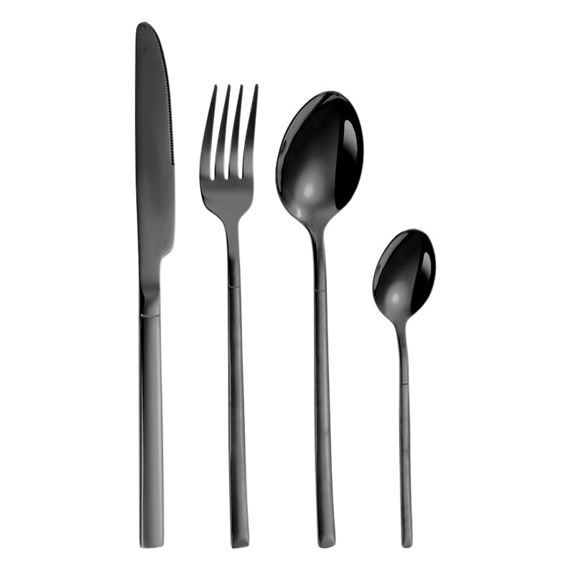 Traje de vajilla de acero inoxidable de Amazon transfronterizo Caballero cuchillo de carne, tenedor y cuchara pequeña caja negra vajilla occidental vajilla de regalo