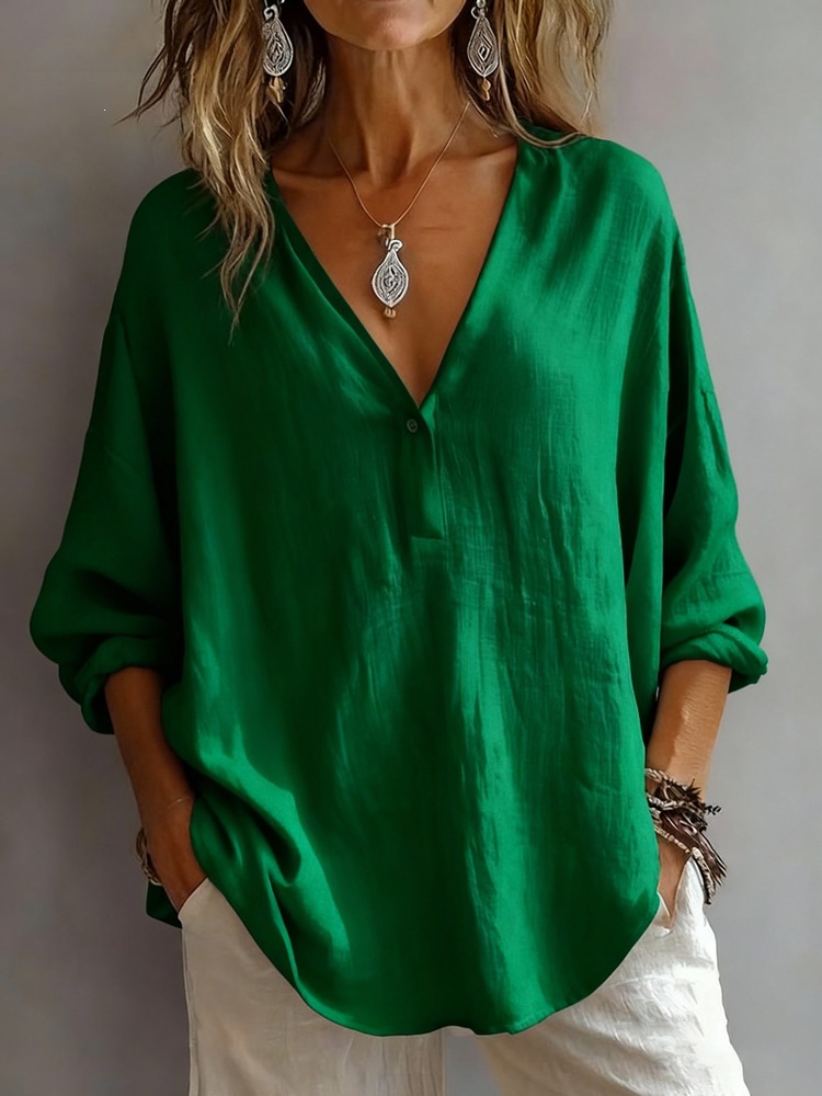 Women's V-Neck Long Sleeve Blouse Relaxed Fit Pullover Top For Autumn Casual Wear_ecoleips.com