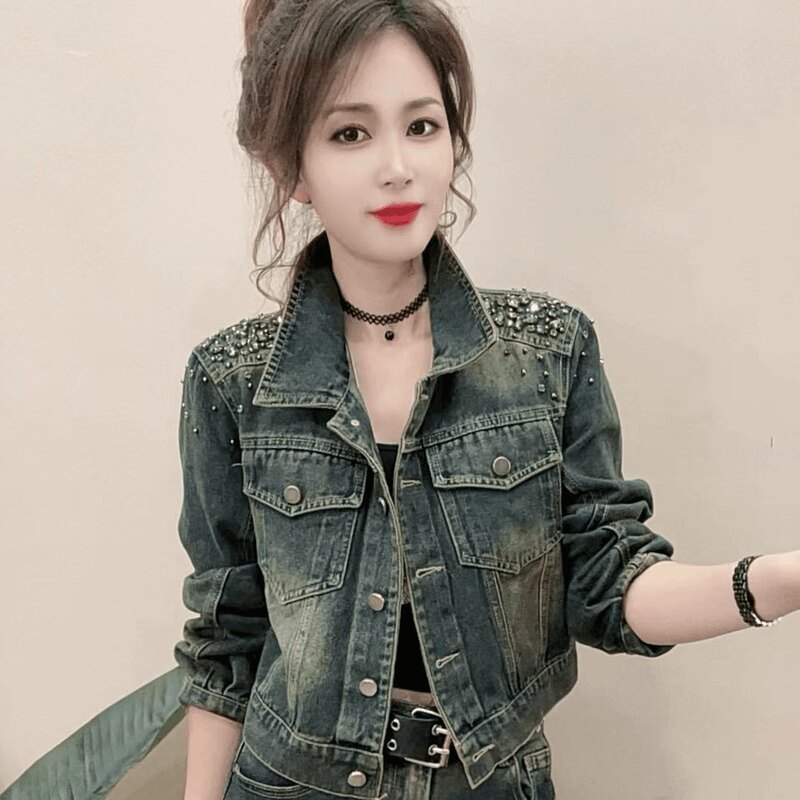 [in Stock] Beaded and Rhinestone Embellished Denim Jacket for Women, Short Style, Slim Fit, Vintage Distressed Jacket for Petite Figures