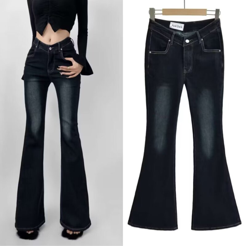 Retro Washed Stretch Dark Blue Jeans for Women Slimming Look Sexy V High Waist Long Legs Slimming Look Bell Pants