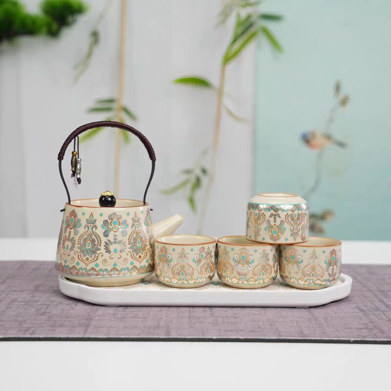 Ru Kiln Cultural and Creative Dunhuang Filigree Silver Handle Teapot Set Chinese Style Tea Pot and Teacups Home Kung Fu Tea Set Ru Kiln Cultural and Creative Dunhuang Filigree Silver Handle Teapot Set Chinese Style Tea Pot and Teacups Home Kung Fu Tea Set